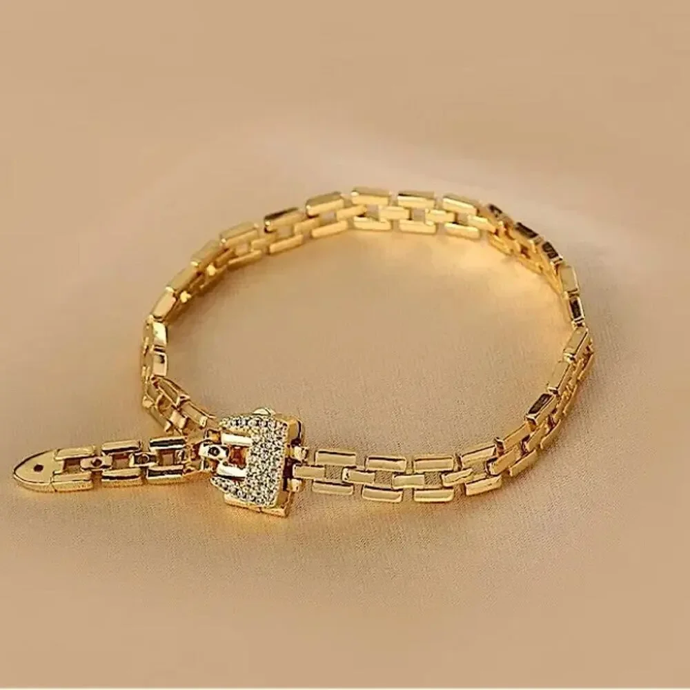 Gold Belt Buckle Bracelet Matching Ring Set, Zircon, Chain Link, Minimalist - Picture 3 of 13
